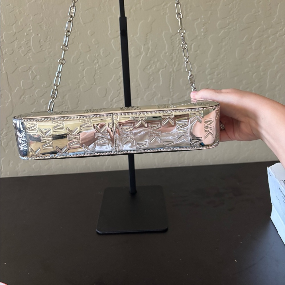 NWT Michael Kors Empire Medium Chain Pouchette Mirror Silver - Picture 9 of 11